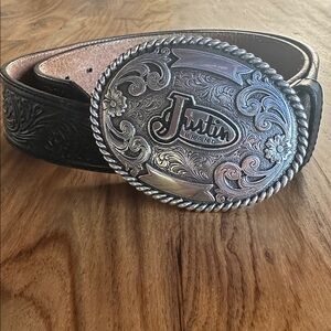 Justin Boots Black Leather Belt with Ornate Silver Buckle
